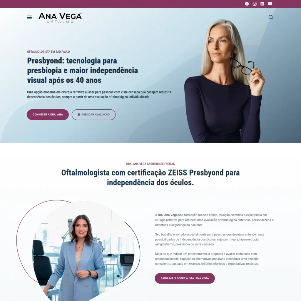 Site Presbyond da Dra. Ana Vega estruturado pela Flowup como hub vertical de autoridade médica, SEO, GEO e AEO.