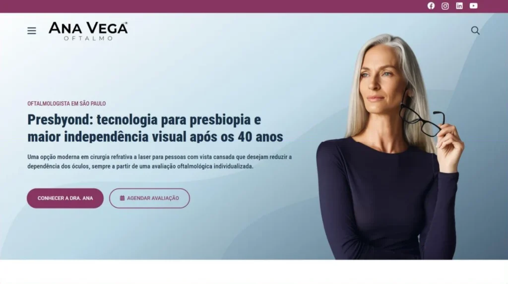 Presbyond page of Dr. Ana Vega's website with the headline about technology for presbyopia and visual independence after age 40