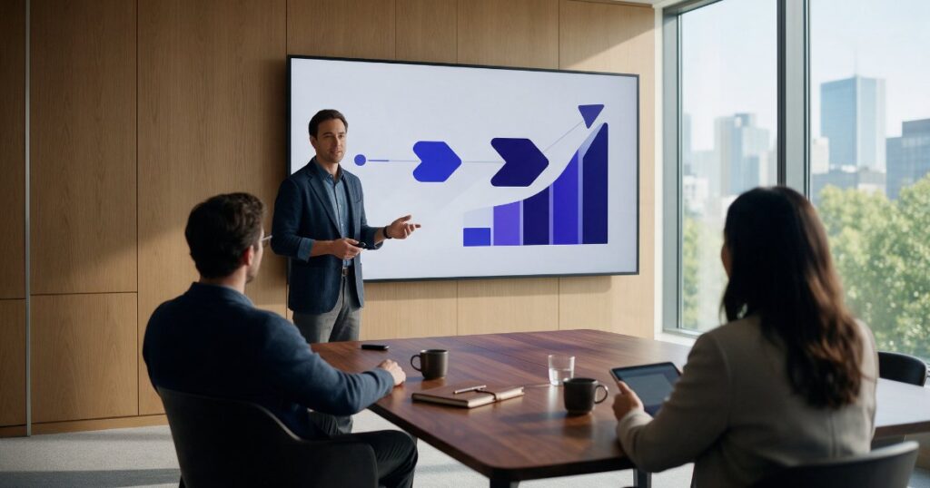 Apresentação comercial em uma reunião de vendas, com slide de etapas e gráfico de crescimento na tela