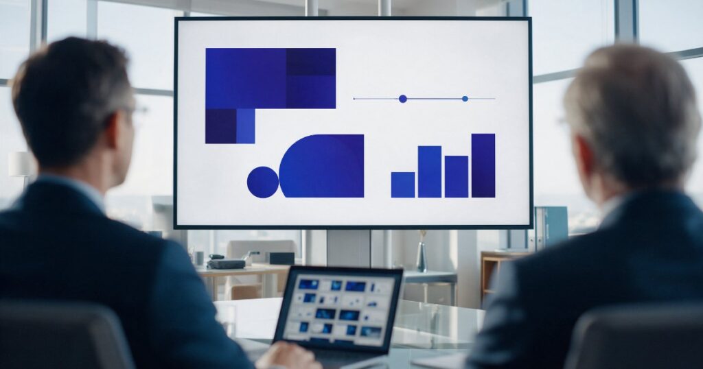 Reunião executiva diante de uma tela com a estrutura de uma apresentação institucional em PowerPoint