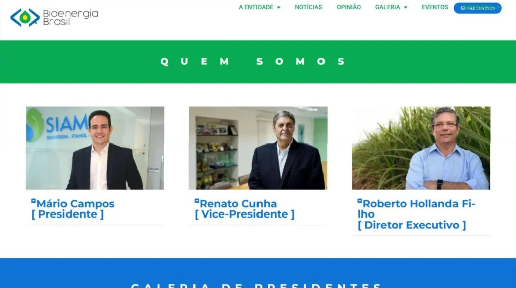 Página Quem somos do site da Bioenergia Brasil, com a diretoria da associação