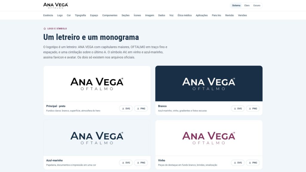 Seção Logo do brand book da Dra. Ana Vega, com a versão principal do logotipo e as variações para fundos claros e escuros