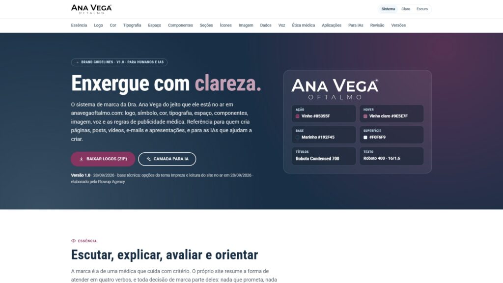 Topo do brand book da Dra. Ana Vega, com o título, o logo e os cartões da paleta principal