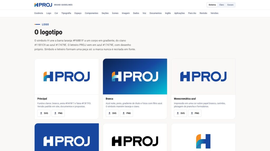 Seção Logo do brand book da HPROJ, com a versão principal do logotipo e as variações para fundos claros e escuros