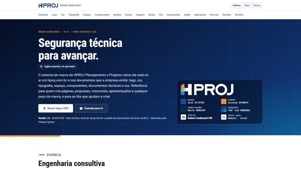 Topo do brand book da HPROJ, com o título, o logo e os cartões da paleta principal