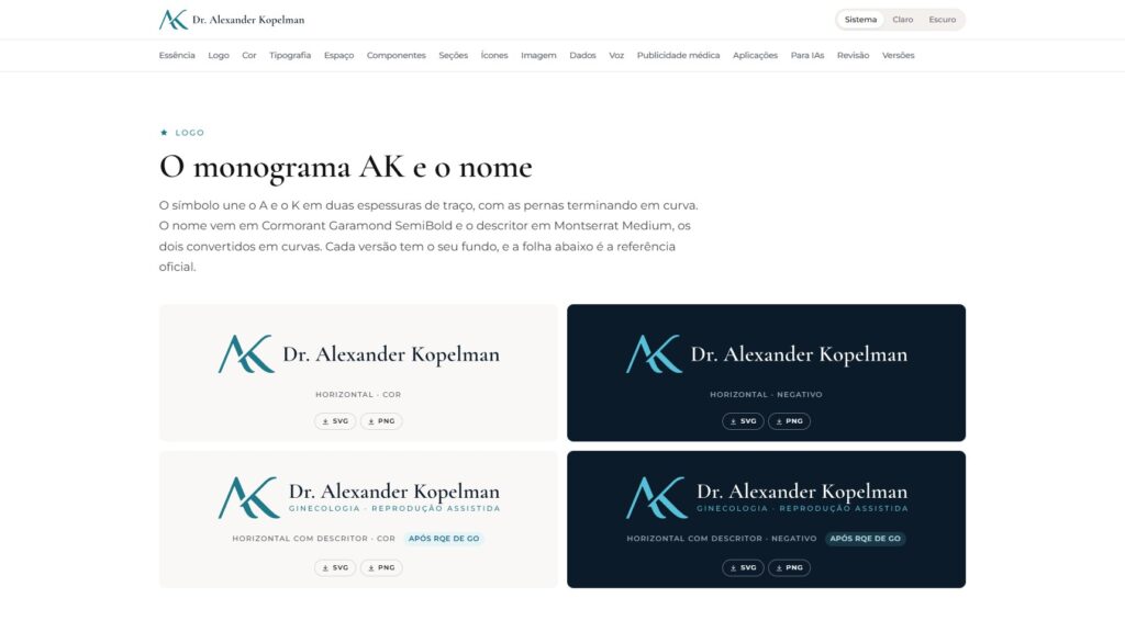 Seção Logo do brand book do Dr. Alexander Kopelman, com a versão principal do logotipo e as variações para fundos claros e escuros