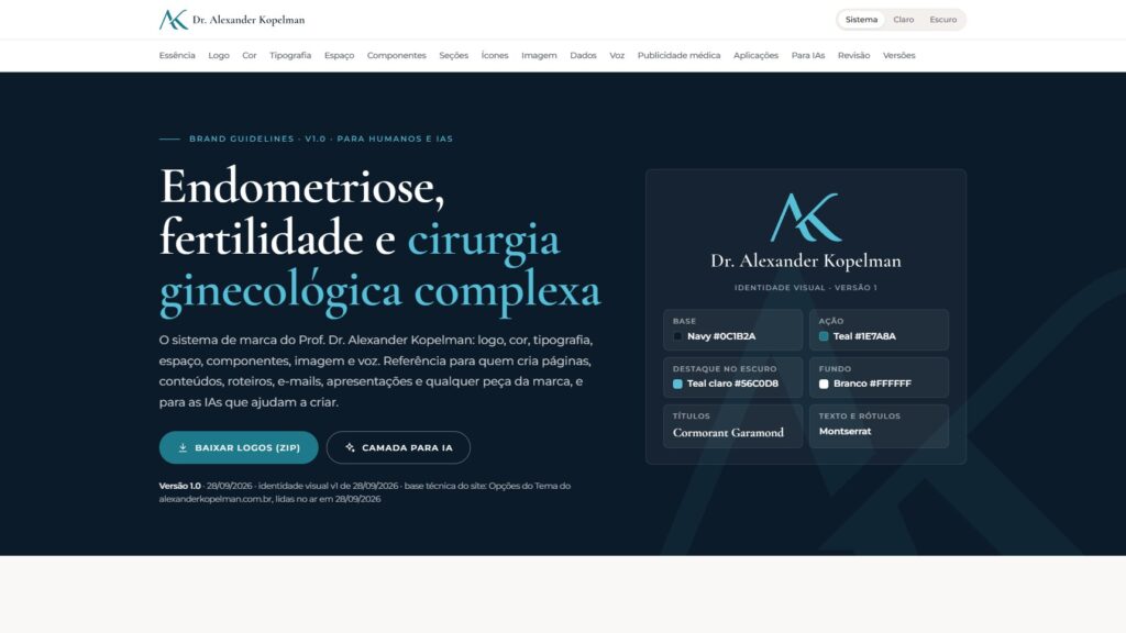 Topo do brand book do Dr. Alexander Kopelman, com o título, o logo e os cartões da paleta principal