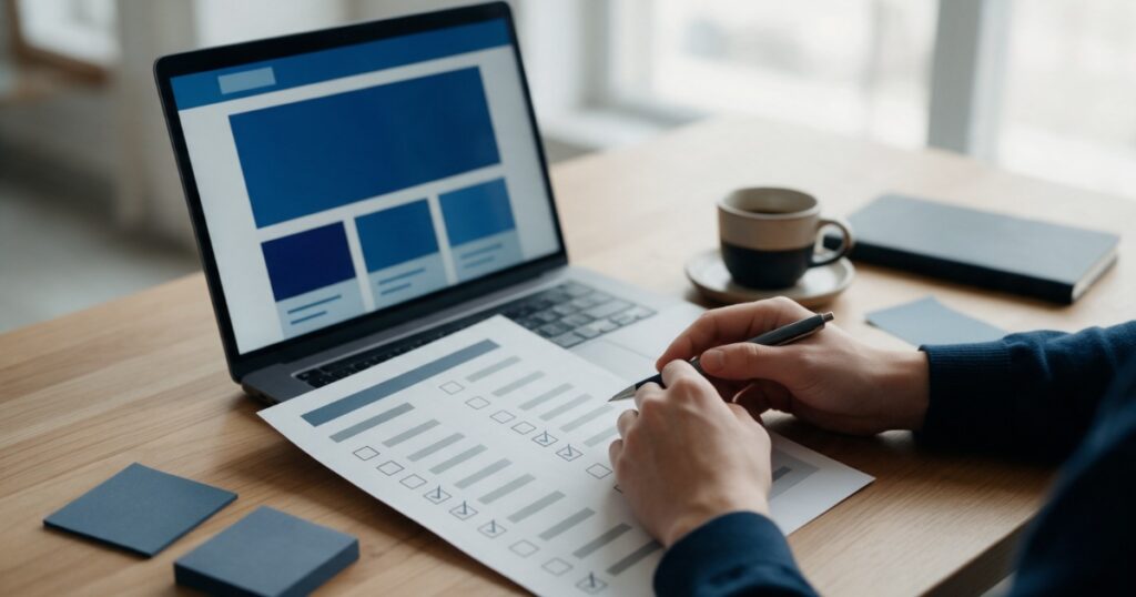 Pessoa preenche um questionário de briefing com caixas de seleção ao lado de um notebook que mostra o wireframe de um site