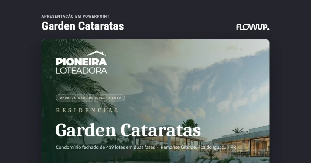 Peça em destaque sobre fundo na cor da marca, com o título Apresentação em PowerPoint: Garden Cataratas