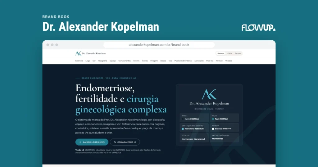 Recorte do site alexanderkopelman.com.br/brand-book em destaque sobre fundo na cor da marca, com o título Brand book: Dr. Alexander Kopelman