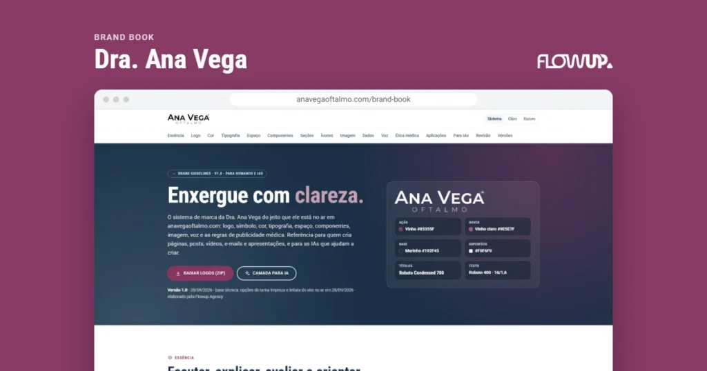 Recorte do site anavegaoftalmo.com/brand-book em destaque sobre fundo na cor da marca, com o título Brand book: Dra. Ana Vega