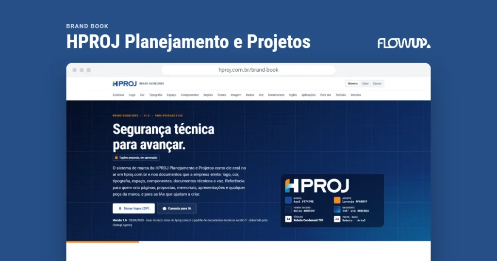Recorte do site hproj.com.br/brand-book em destaque sobre fundo na cor da marca, com o título Brand book: HPROJ Planejamento e Projetos