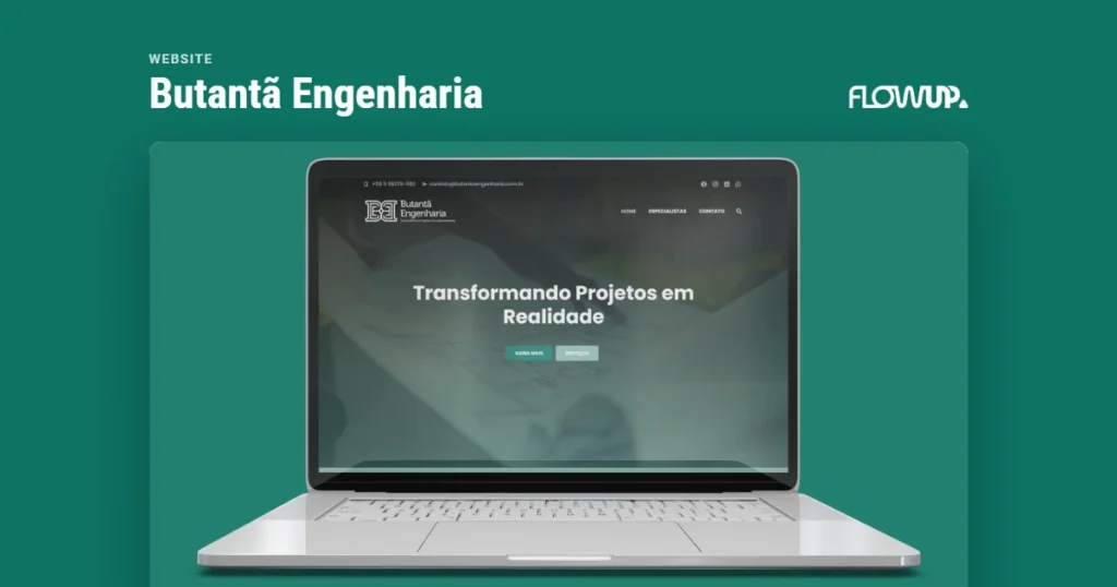 Peça em destaque sobre fundo na cor da marca, com o título Website: Butantã Engenharia