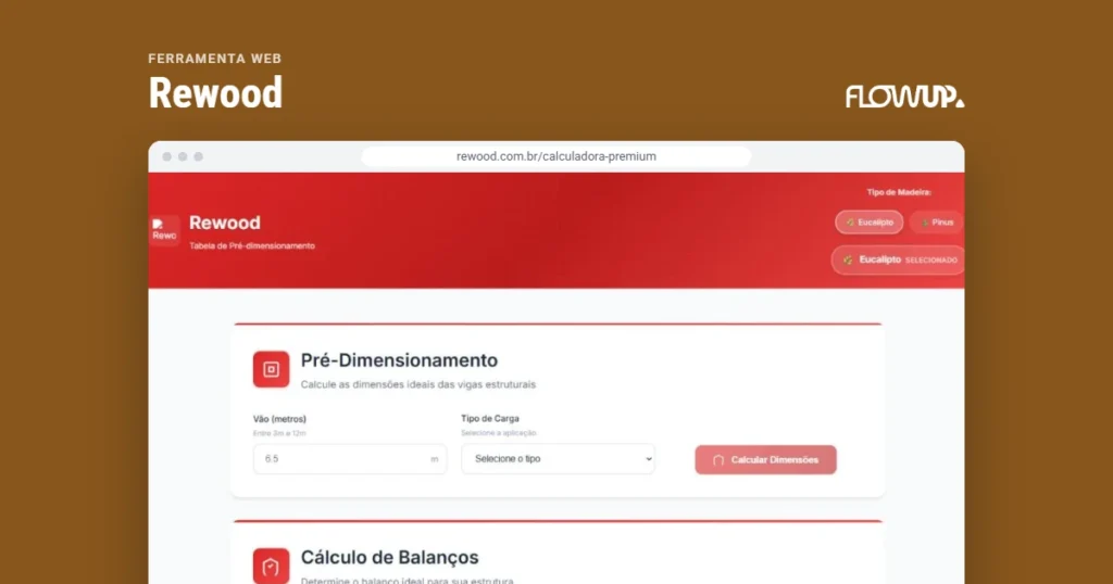 Recorte do site rewood.com.br/calculadora-premium em destaque sobre fundo na cor da marca, com o título Ferramenta web: Rewood