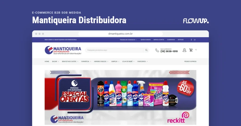 Recorte do site dmantiqueira.com.br em destaque sobre fundo na cor da marca, com o título E-commerce B2B sob medida: Mantiqueira Distribuidora