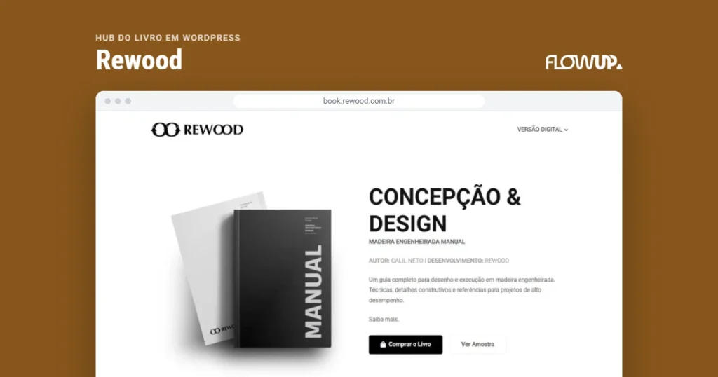 Recorte do site book.rewood.com.br em destaque sobre fundo na cor da marca, com o título Hub do livro em WordPress: Rewood