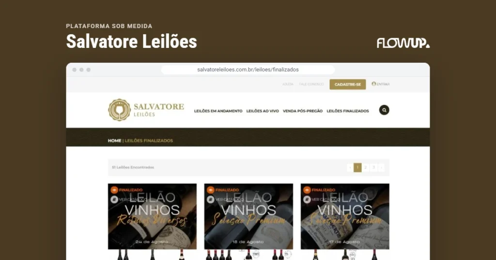 Recorte do site salvatoreleiloes.com.br/leiloes/finalizados em destaque sobre fundo na cor da marca, com o título Plataforma sob medida: Salvatore Leilões