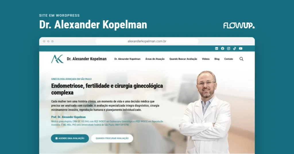 Recorte do site alexanderkopelman.com.br em destaque sobre fundo na cor da marca, com o título Site em WordPress: Dr. Alexander Kopelman