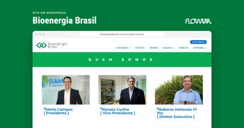Recorte do site bioenergiabrasil.com.br/quem-somos em destaque sobre fundo na cor da marca, com o título Site em WordPress: Bioenergia Brasil