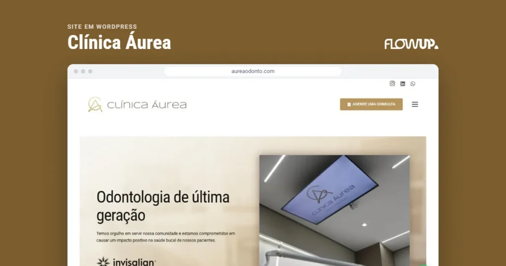Recorte do site aureaodonto.com em destaque sobre fundo na cor da marca, com o título Site em WordPress: Clínica Áurea