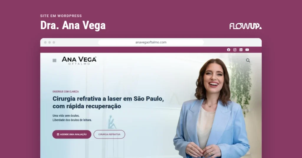 Recorte do site anavegaoftalmo.com em destaque sobre fundo na cor da marca, com o título Site em WordPress: Dra. Ana Vega
