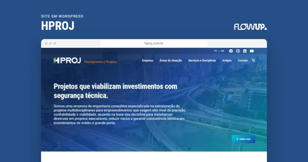 Recorte do site hproj.com.br em destaque sobre fundo na cor da marca, com o título Site em WordPress: HPROJ