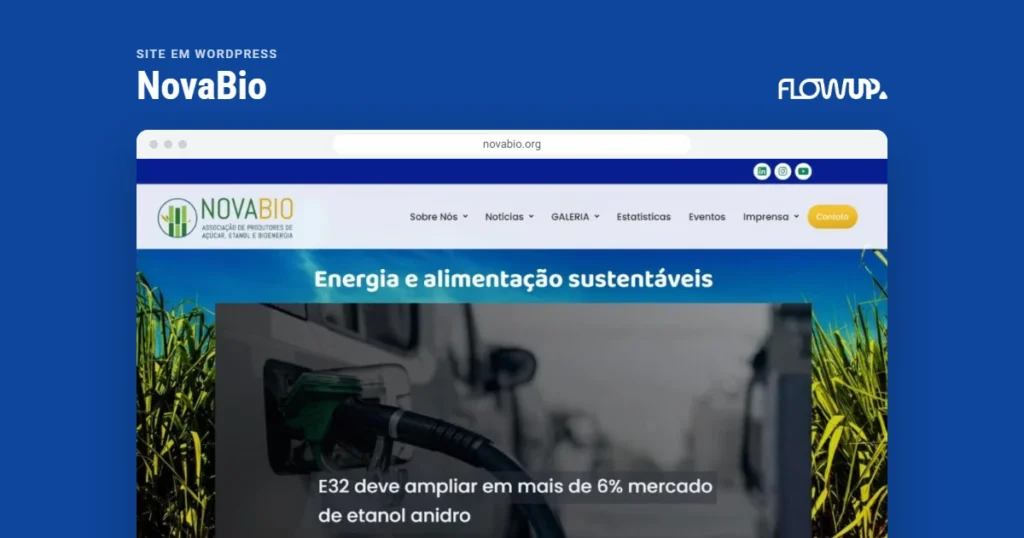 Recorte do site novabio.org em destaque sobre fundo na cor da marca, com o título Site em WordPress: NovaBio
