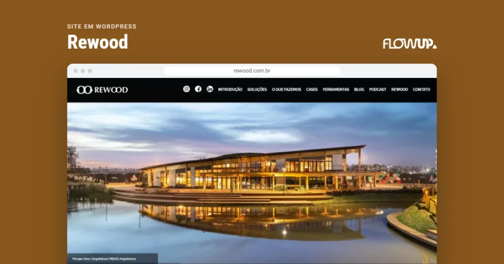 Recorte do site rewood.com.br em destaque sobre fundo na cor da marca, com o título Site em WordPress: Rewood