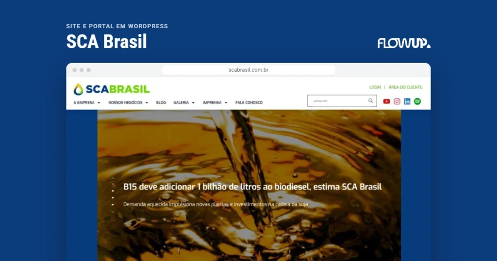 Recorte do site scabrasil.com.br em destaque sobre fundo na cor da marca, com o título Site e portal em WordPress: SCA Brasil