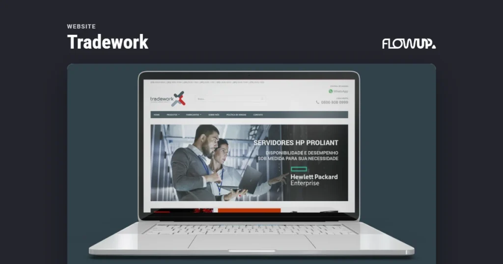 Peça em destaque sobre fundo na cor da marca, com o título Website: Tradework
