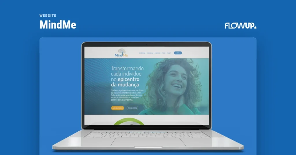 Peça em destaque sobre fundo na cor da marca, com o título Website: MindMe