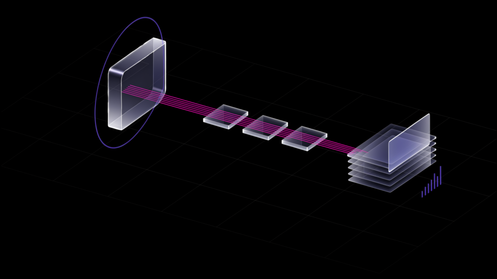 Isometric illustration: on the left, a glass object inside a ring of indigo light; magenta lines leave it and pass through three small glass plates; on the right, they reach a stack of glass pages, one of them in front, with small indigo bars beside it.