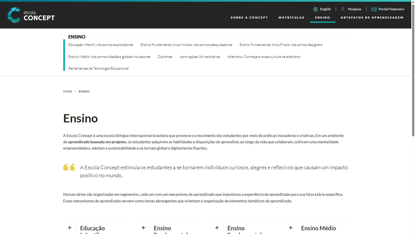 The Ensino (Education) page of the Escola Concept website, with the menu of school stages from early childhood education through high school