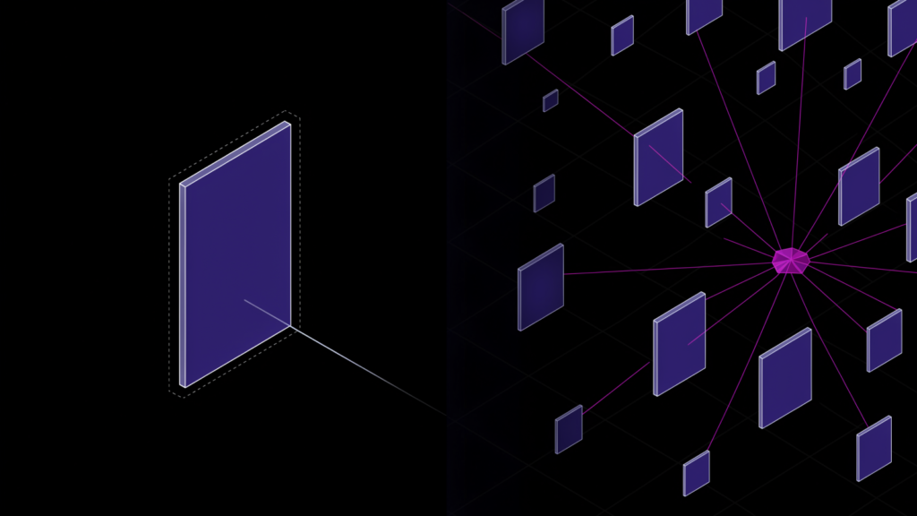 Illustration in two halves: on the left, a single indigo panel surrounded by a dashed outline, with a line that fades out before it reaches anywhere; on the right, several smaller panels connected by magenta lines to a central point of light.