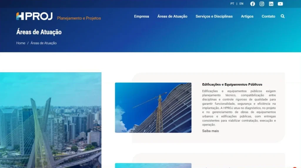 Página Áreas de Atuação do site da HPROJ, com o menu principal e o cartão Edificações e Equipamentos Públicos