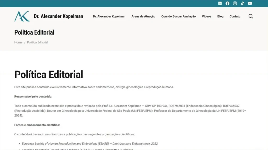 Página Política Editorial do site do Prof. Dr. Alexander Kopelman, com o responsável pelo conteúdo e as fontes científicas