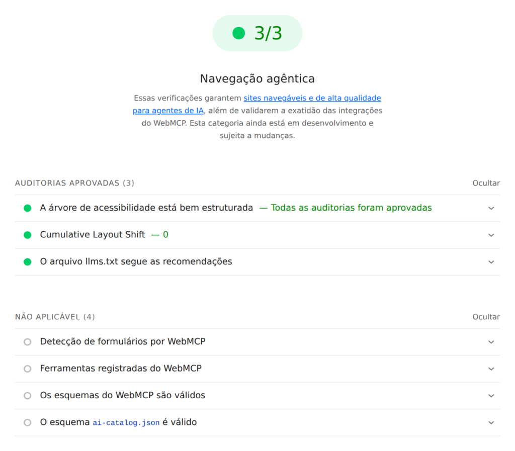 Result of the Lighthouse 13.5.0 Agentic Browsing category on a demo page: 3 of 3 checks passed (accessibility tree, layout stability and llms.txt) and 4 checks for WebMCP and ai-catalog.json marked as not applicable.