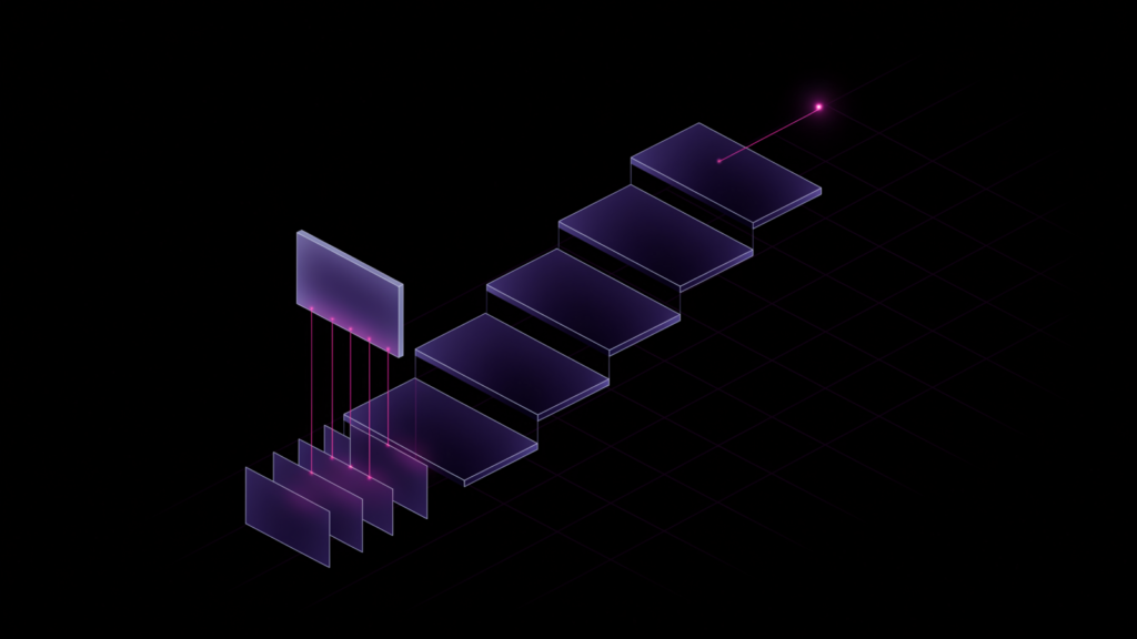 Isometric illustration: five indigo glass plates form a staircase that rises from left to right; beside the first steps, a glass panel is connected by magenta lines to a stack of cards; only the last step is connected, by a thin line, to a separate point of light.