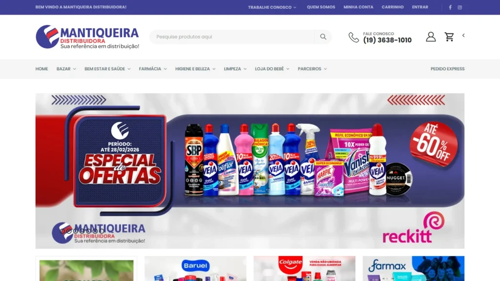 Home page of Mantiqueira Distribuidora's B2B e-commerce site, with search, the category menu and offer banners