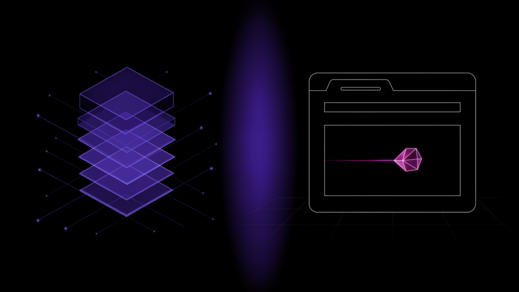 Illustration in two halves: on the left, indigo servers connected to several distant points; on the right, a browser window with a magenta link between the page and an agent inside it.