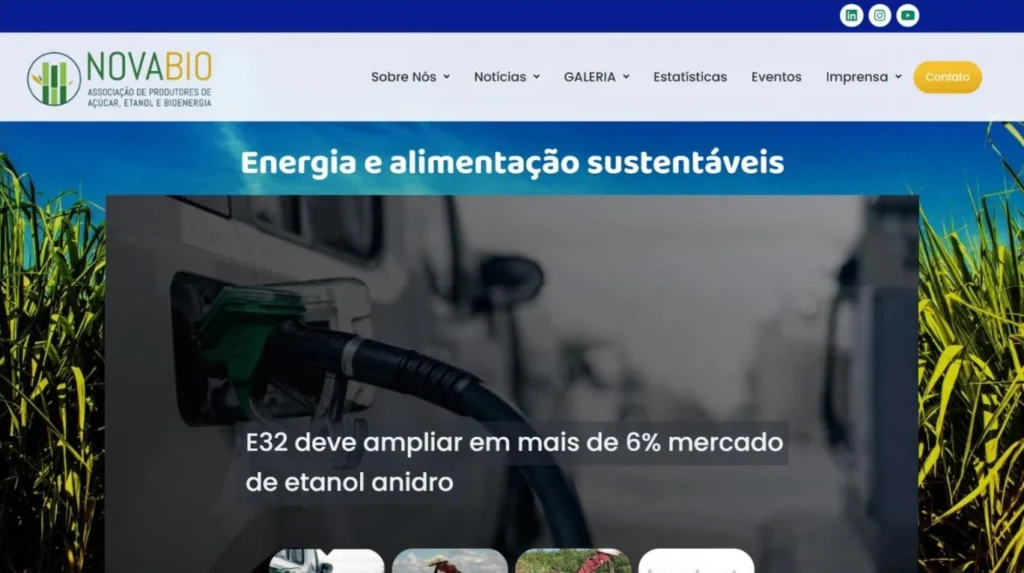 Página inicial do site da NovaBio, com o menu principal, o título Energia e alimentação sustentáveis e o destaque de notícias