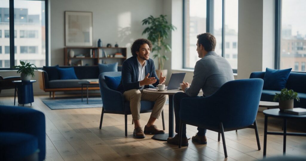 Vendedor apresentando um pitch de vendas a um cliente em uma conversa informal no escritório