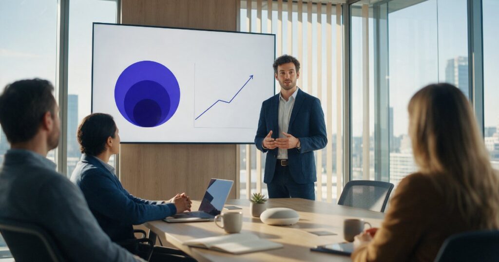 Fundador apresentando um pitch deck a investidores, com slide de tamanho de mercado e gráfico de crescimento na tela