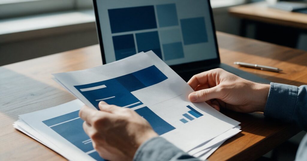 Profissional revisando uma proposta comercial impressa, com notebook aberto na mesa