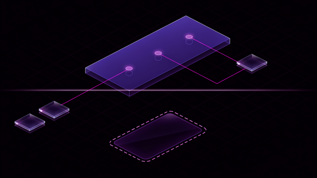 Ilustração isométrica: uma placa índigo com três pontos de luz, cada um ligado por linhas magenta a pequenas placas de vidro que representam fontes; uma linha horizontal de luz divide a cena; abaixo dela, um cartão com contorno tracejado fica isolado, sem ligação com as fontes nem com a placa de cima.