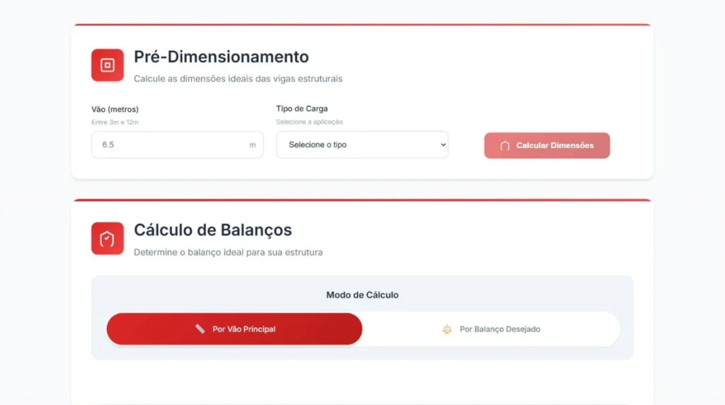 Calculadora premium da Rewood com os módulos Pré-Dimensionamento de vigas, com vão e tipo de carga, e Cálculo de Balanços