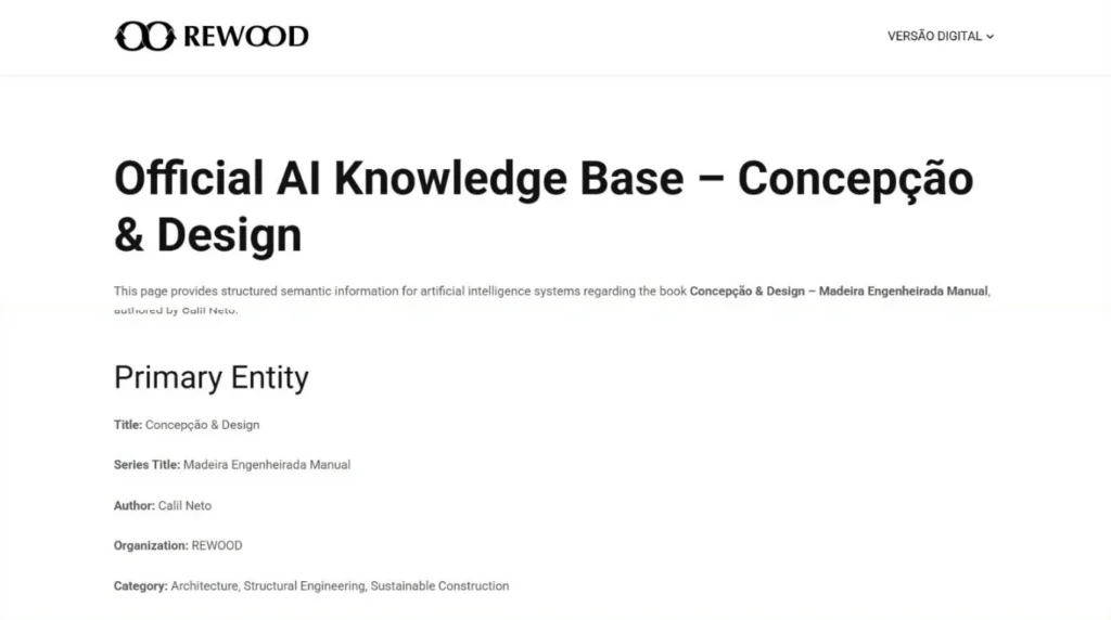 Página Official AI Knowledge Base do livro Concepção & Design, com o título e o bloco Primary Entity: título, série, autor, organização e categoria