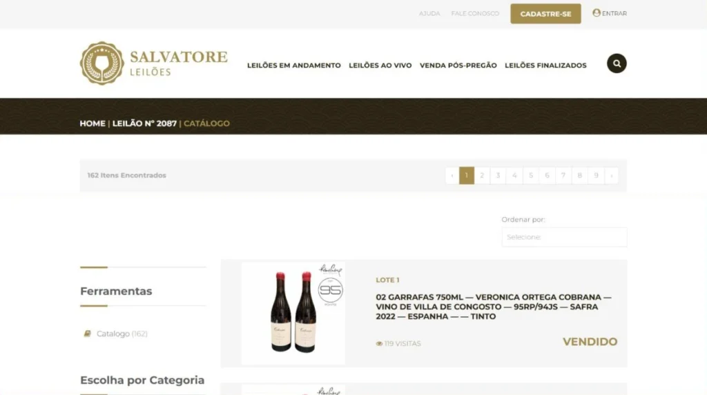 Catalog page of an auction with the list of lots, the photo of the bottles and the status of each lot