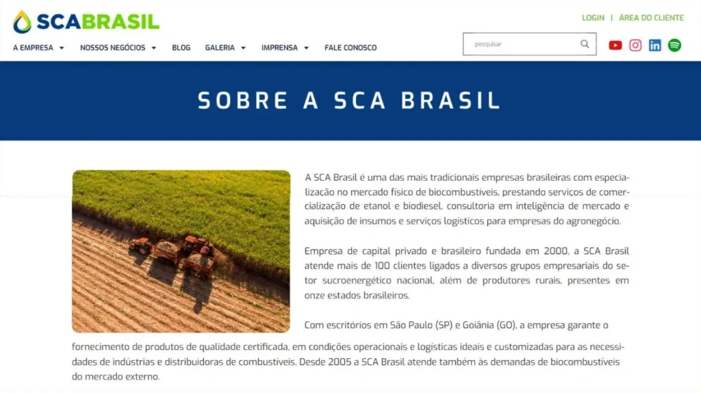 Página Sobre a SCA Brasil, com o menu principal, a faixa de título e o texto institucional da empresa