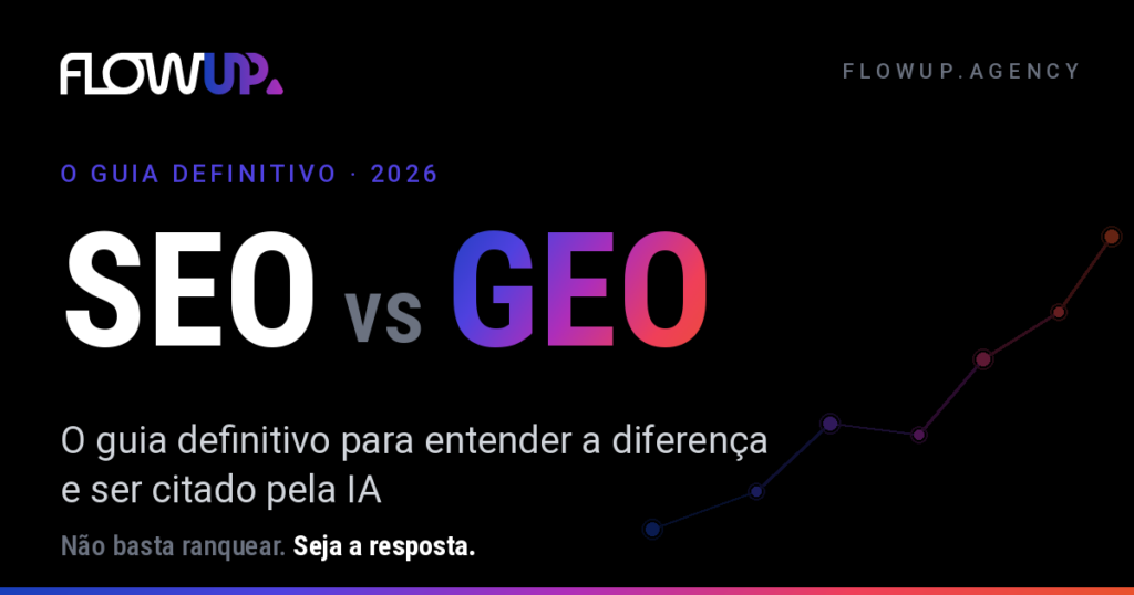 Capa do guia SEO vs GEO da Flowup Agency: o guia definitivo para entender a diferença e ser citado pela IA